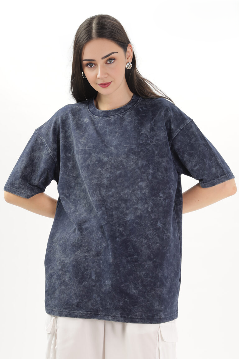 WOMEN’S NAVY BLUE ACID-WASH OVERSIZED TEE